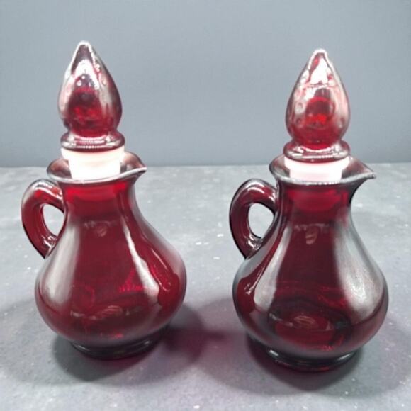 Vintage Avon Ruby Red Glass Pitcher Bottles Strawberry Bath Foam  5.5”  Empty - Picture 1 of 9